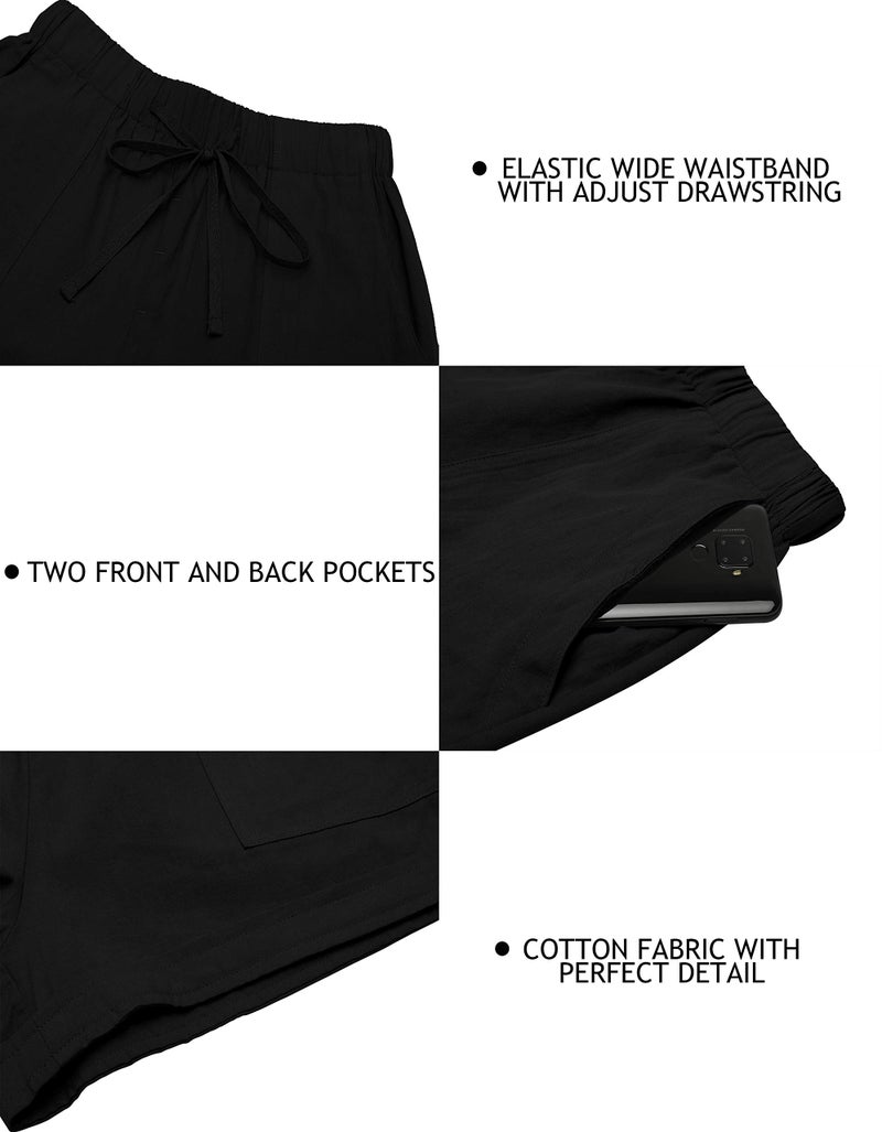 KISSMODA Women's Black Cotton Shorts Linen Lounge Elastic Waist Comfy Wide Leg Loose Shorts with Pockets - Image 3